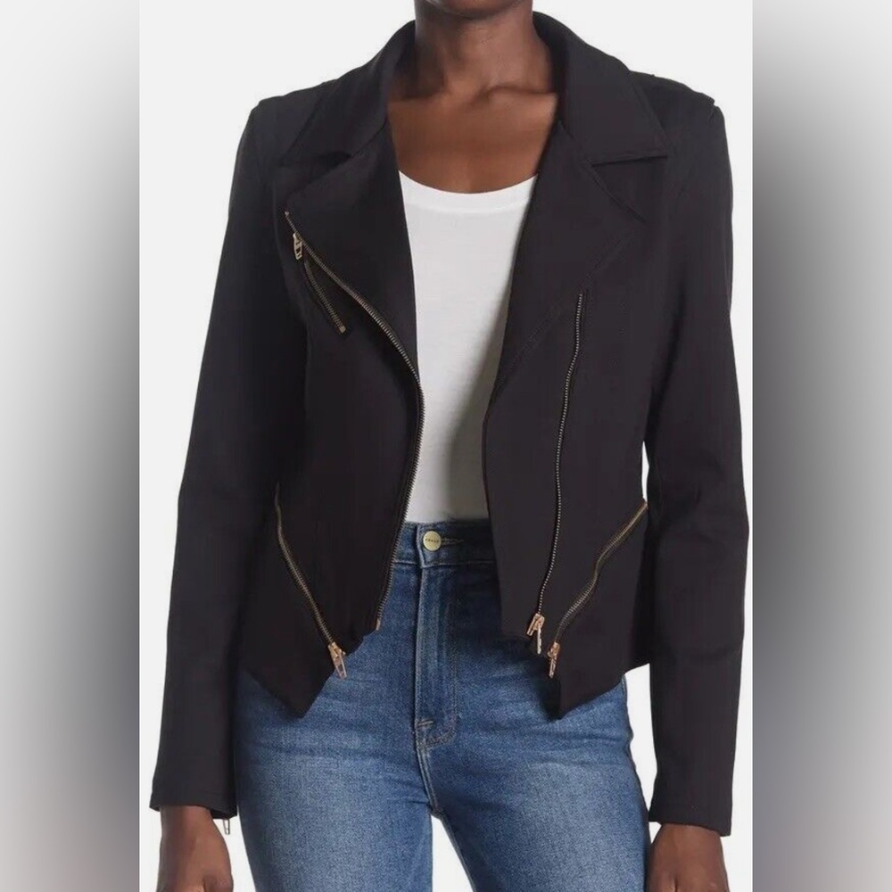 NEW BLANKNYC Denim Psychopath Ponte Moto Jacket - Black / Gold - Large - Picture 2 of 9